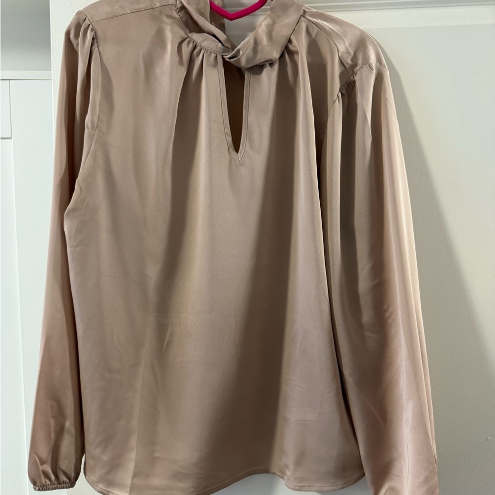 Cream Puff Sleeve Long Sleeve Blouse with Tie Front and Mandarin Collar